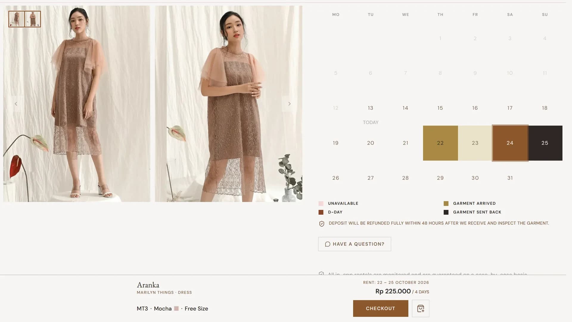 Gaiana product page calendar showing arrival, event day and return
