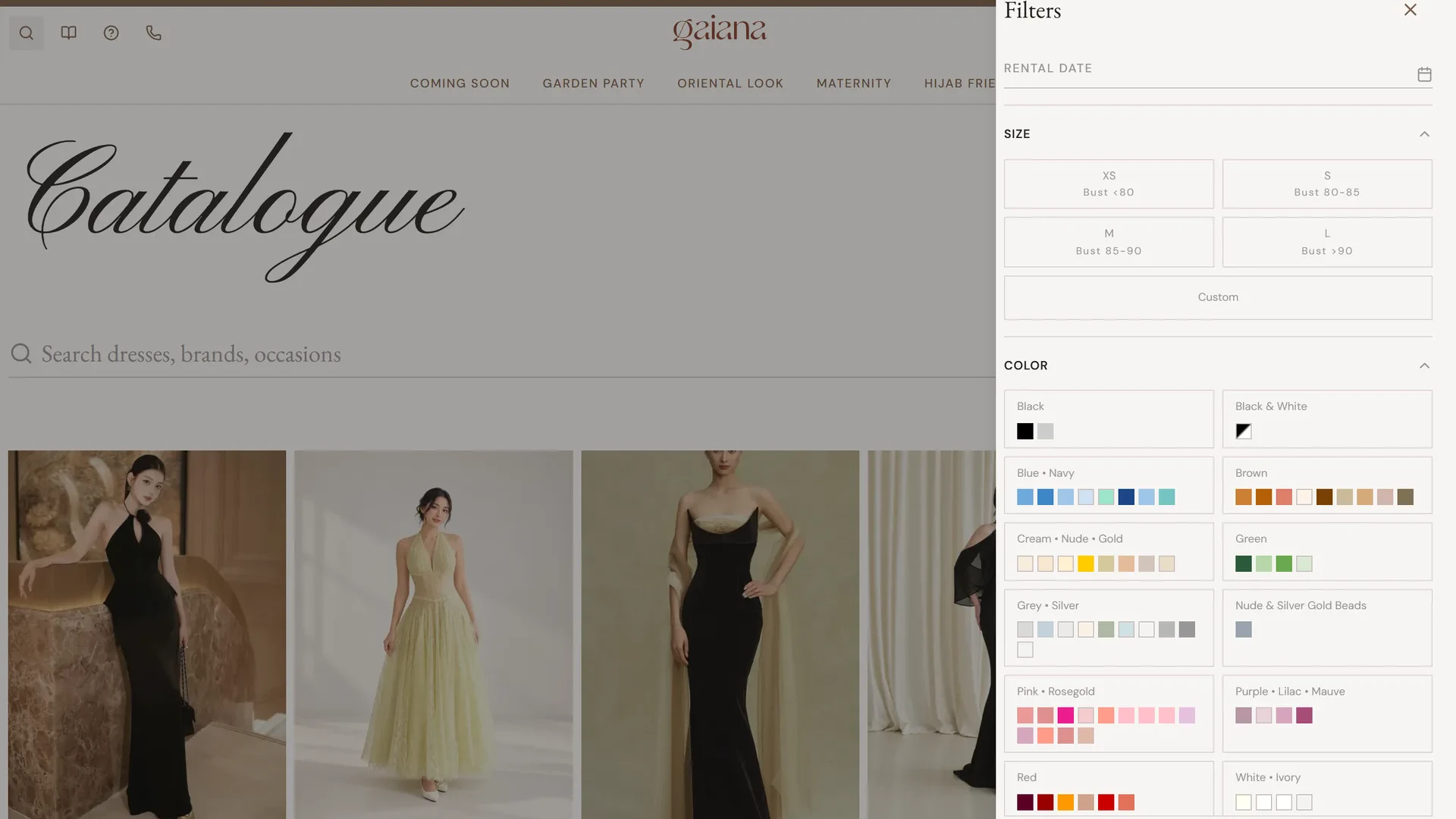 Gaiana catalogue with the filter panel open