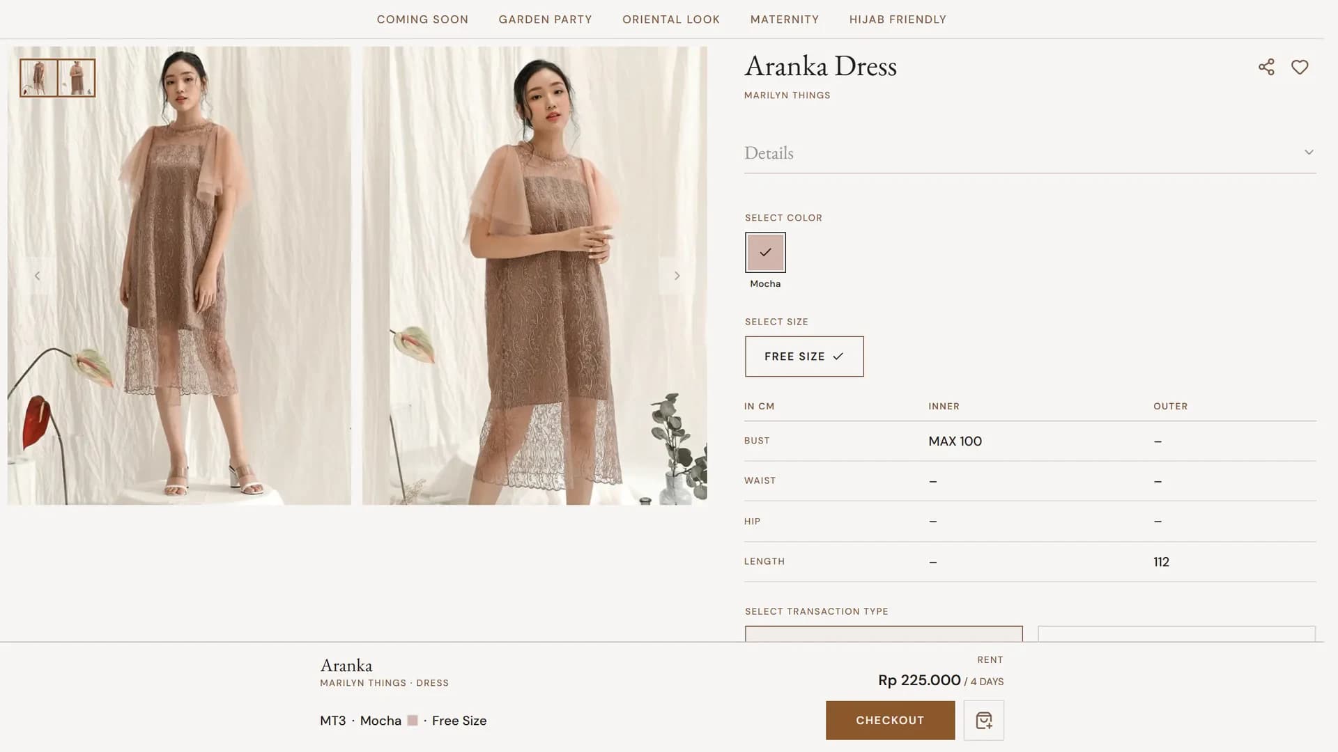 Gaiana product page with gallery, colour, size and measurements